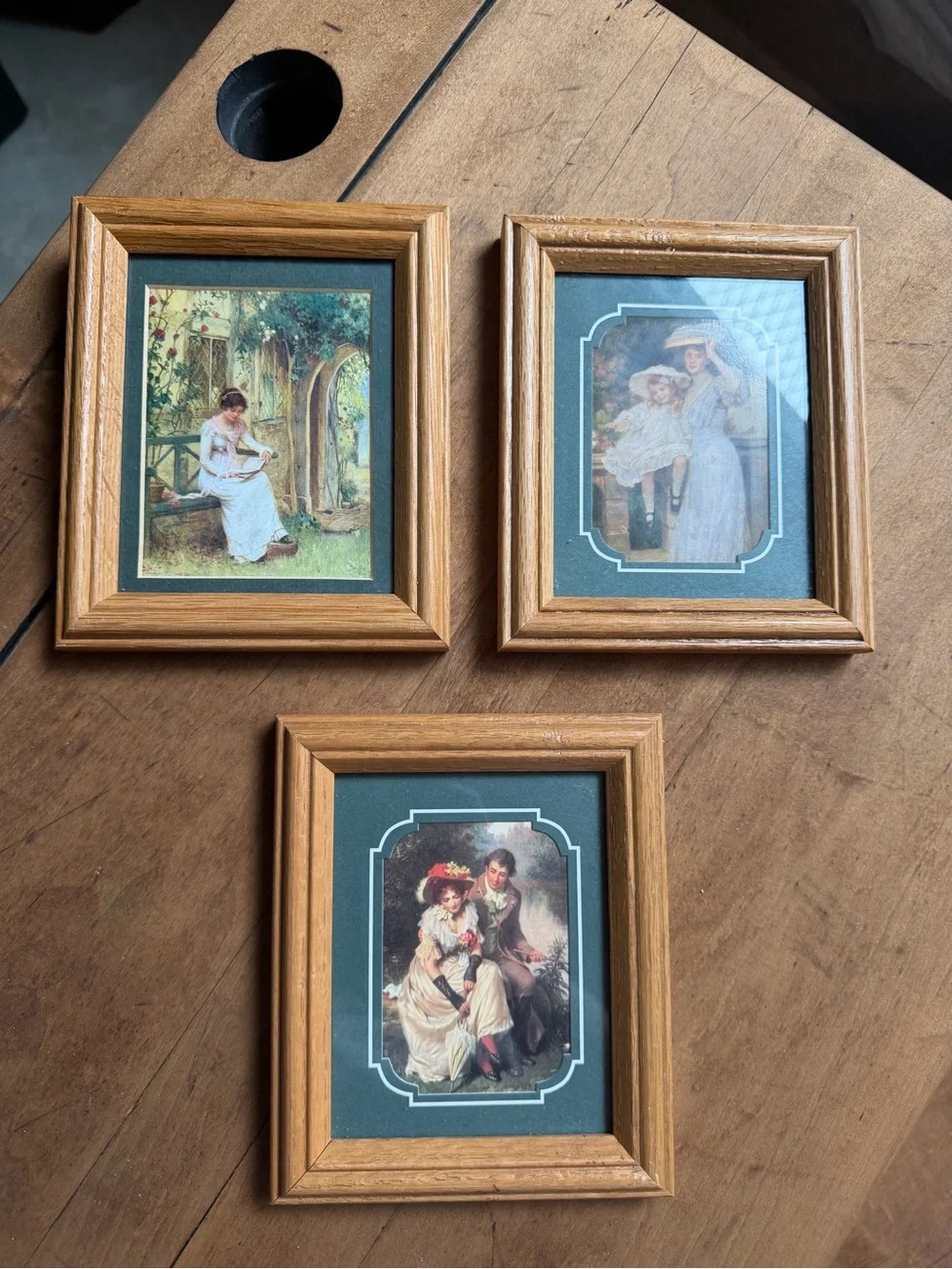 Oak Wood Framed Vintage-Style Wall Art Set - Green Mats